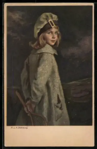 AK Blondes Mädel mit Tennisschläger