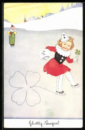 Künstler-AK Kind macht ein Kleeblatt auf dem Eis mit seinen Schlittschuhen