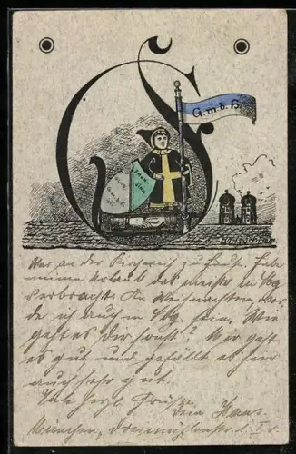 Künstler-AK Münchner Kindl mit Banner und Wappen