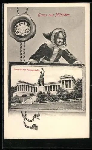 AK München, Münchner Kindl mit Ansicht der Bavaria vor der Ruhmeshalle