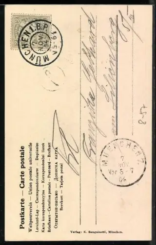 AK München, Münchner Kindl mit einem Haufen Bierkrüge