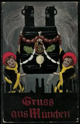 AK München, Frauenkirche mit Brauereien Hofbräu, Pschorrbräu und Löwenbräu, Münchner Kindl am Fass mit Bierkrügen