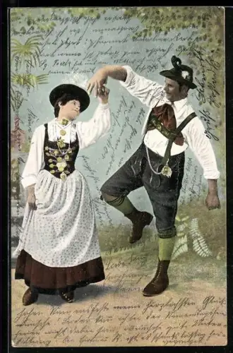 AK Paar in Trachten tanzt zusammen