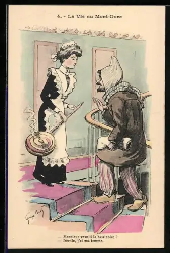 Künstler-AK Dienstmädchen mit Bettwärmer