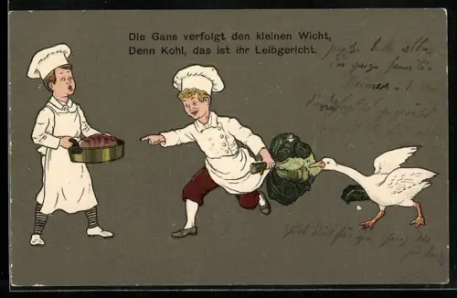 Künstler-AK Gans verfolgt einen kleinen koch mit Kohl in der Hand