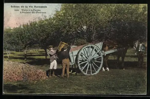 AK Bauern befüllen einen Karren mit Äpfeln