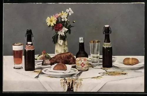 AK Stilleben mit Schweinshaxe und Bier