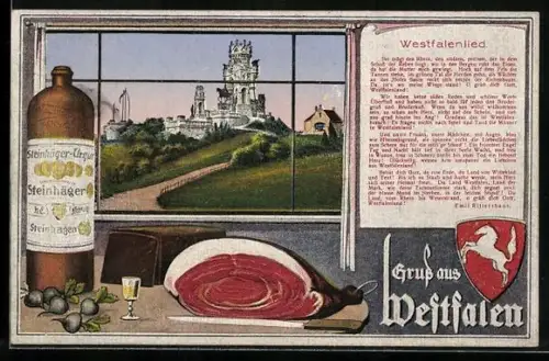 Künstler-AK Steinhäger Urquell mit Rüben und Schinken, Westfalenlied