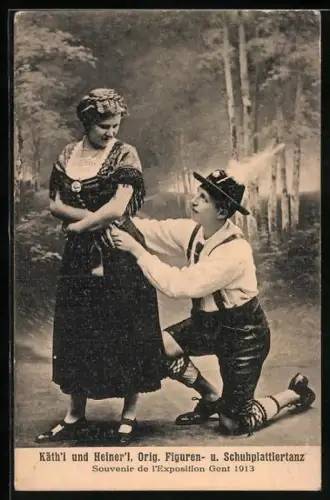 AK Gent, Exposition de Gent 1913, Schuhplattler Käth`l und Heiner`l