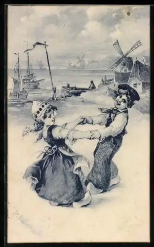 Künstler-AK Zwei niederländische Kinder tanzen zusammen