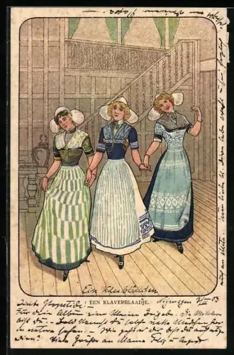 Künstler-AK Drei Frauen in Trachten beim Volkstanz