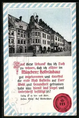 AK München, Urkunde aus dem Münchner Hofbräuhaus