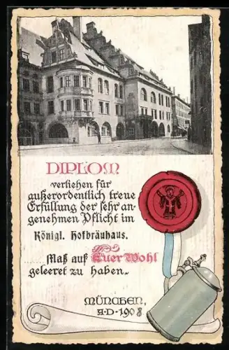 AK München, Urkunde aus dem Münchner Hofbräuhaus mit Mass