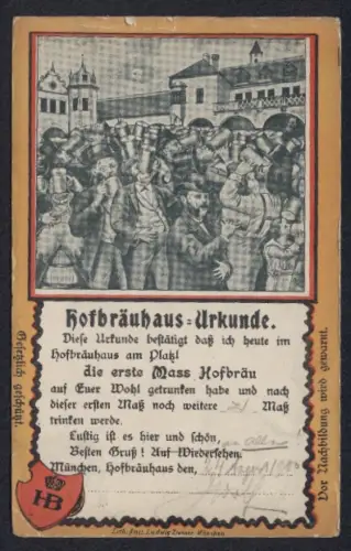 Künstler-AK München, Urkunde aus dem Münchner Hofbräuhaus, Personen trinken Bier vor dem Hofbräuhaus