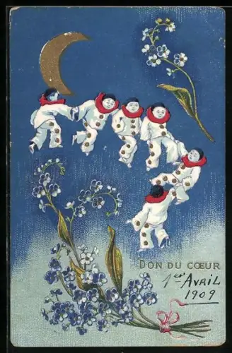 AK Fliegende Harlekins mit Blumen