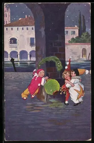 AK Als Harlekin verkleideter Junge erschreckt mit grossem Lampignon zwei kostümierte Kinder, Neujahr
