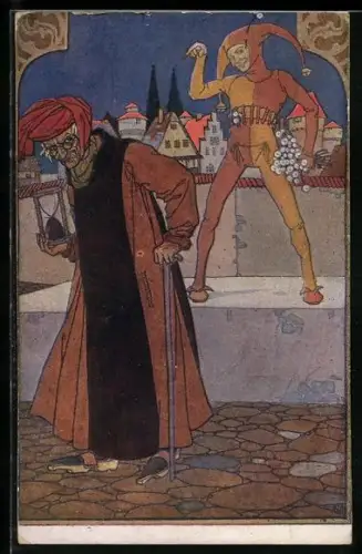 Künstler-AK V. Wenig: Hofnarr mit Blumen hinter einem Mann mit Sanduhr