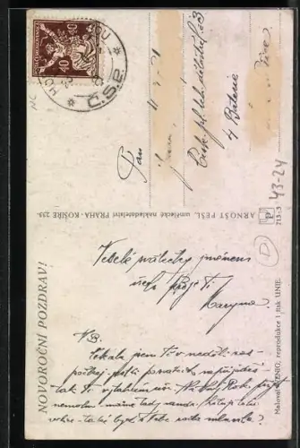 Künstler-AK V. Wenig: Hofnarr mit Blumen hinter einem Mann mit Sanduhr