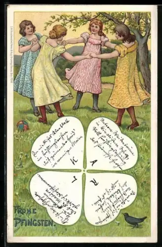 Lithographie Mädchen tanzen auf einer Wiese