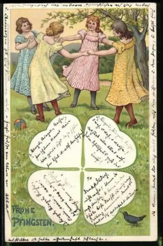 Lithographie Vier Mädchen tanzen zusammen auf einer Wiese