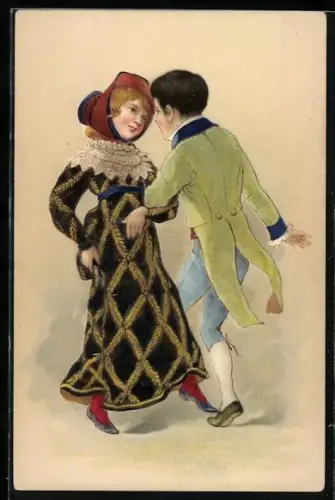 Künstler-AK Junges Paar in eleganter Kleidung tanzt zusammen