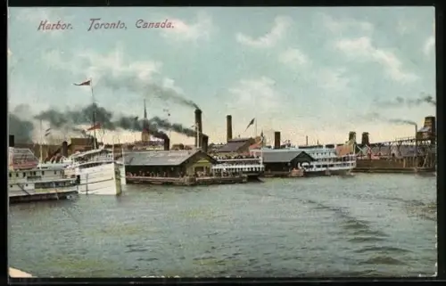 AK Toronto, View of the Toronto Harbor with steamers and chimneys