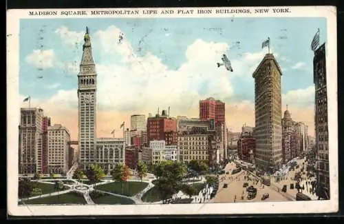 AK New York, NY, Madison Square, Metropolitan Life and Flat Iron Buildings
