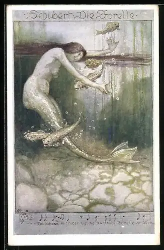 AK Nixe spielt mit Forellen im Wasser