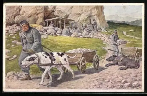 AK Österreichische Sanitätshunde, Zughund wird für den Wegebau eingesetzt