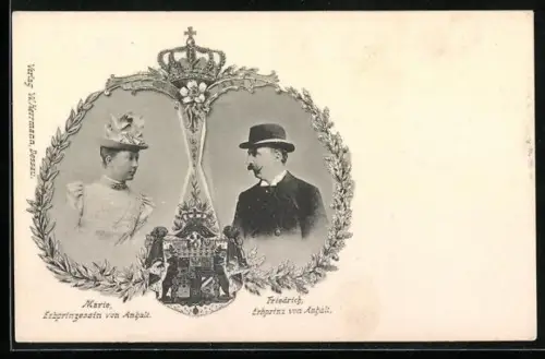 AK Marie Erbprinzessin von Anhalt und Friedrich, Erbprinz von Anhalt im Passepartout, Wappen