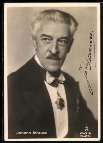AK Musiker Johann Strauss, Portrait im Anzug, Autograph