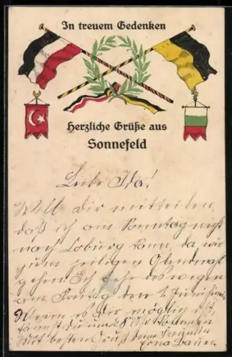 Künstler-AK Sonnefeld, Reichsfahne, Österr. Flagge, Türkische Flagge