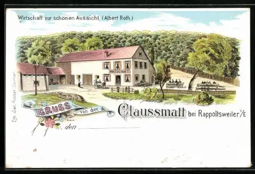 Lithographie Rappoltsweiler i. E., Gasthaus Claussmatt, Inh. Albert Roth