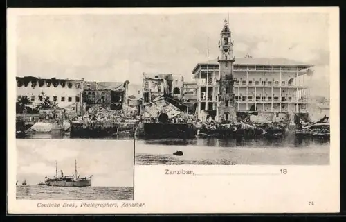 AK Zanzibar, Teilansicht der zerstörten Ortschaft, Dampfer