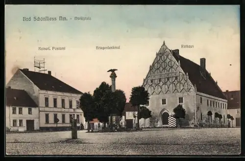 AK Bad Schönfliess /Nm., Marktplatz mit Kriegerdenkmal, Rathaus u. Kaiserl. Postamt
