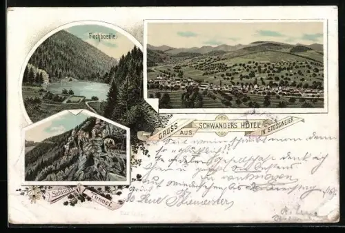 Lithographie Stossweier, Schwanders Hotel, Schluchttunnel, Fischboedle