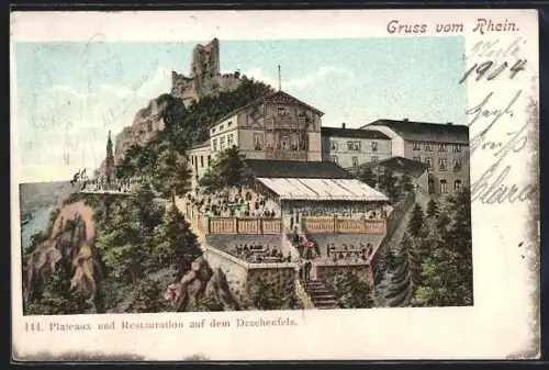 AK Königswinter, Plateau und Restaurant auf dem Drachenfels