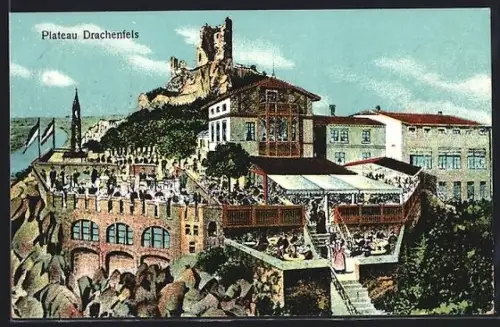AK Drachenfels, Plateau mit Restaurant und Burgruine