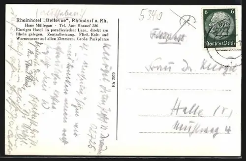 AK Rhöndorf a. Rh., Rheinhotel Bellevue mit Drachenfels, Inh. Hans Müllegan