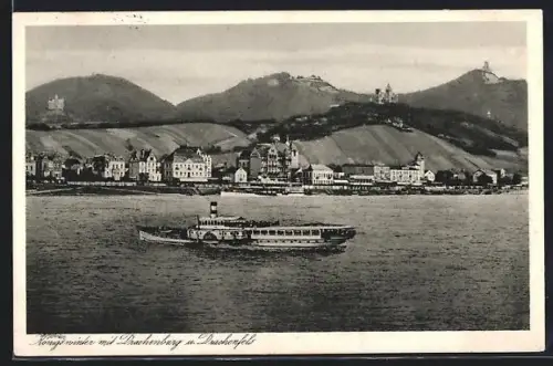 AK Königswinter, Flusspartie mit Dampfer sowie Drachenburg und Drachenfels