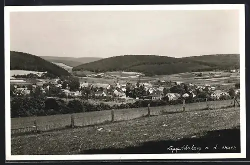 AK Lippoldsberg a. d. Weser, Ortsansicht mit Kirche und Gebirge