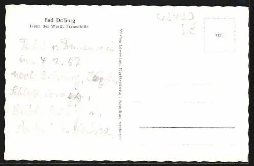 AK Bad Driburg, Strassenpartie mit Heim der Westf. Frauenhilfe