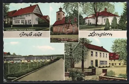 AK Lenglern, Ansichten von Kirche, Krankenhaus, Schule und Ortspartie
