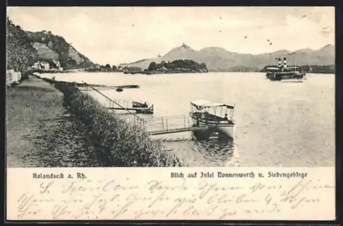 AK Rolandseck a. Rh., Flusspartie mit Blick auf Insel Nonnenwerth u. Siebengebirge