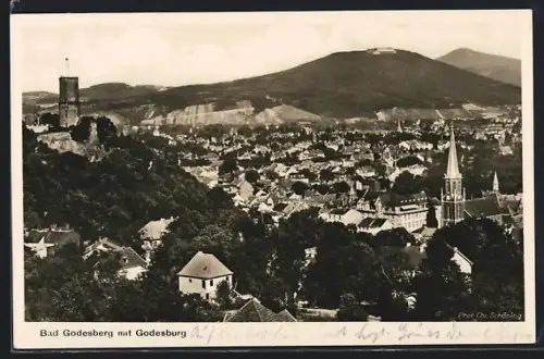 AK Bad Godesberg, Blick auf die Stadt mit Godesburg und Gebirge