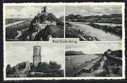 AK Bad Godesberg, Ansichten von Drachenfels, Siebengebirge, Ruine der Godesburg u. Rheinpartie