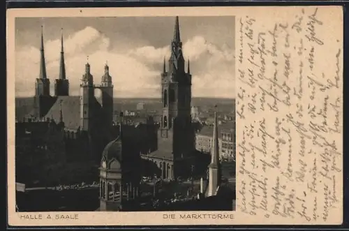 AK Halle a. Saale, Die Markttürme, Blick auf Kirchen