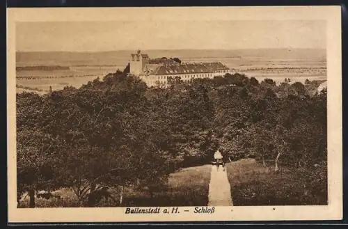 AK Ballenstedt a. H., Waldpartie mit Schloss und Wanderweg