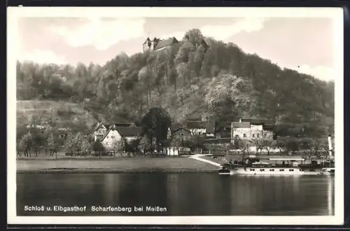 AK Scharfenberg bei Meissen, Flusspartie mit Blick auf Schloss und Elbgasthof