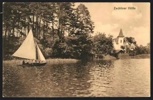 AK Zechlinerhütte, Uferpartie mit Segelboot